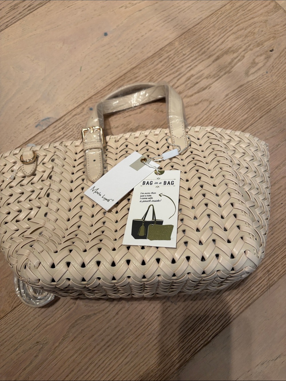 Mods Luxe Woven Cegan Leather Tote - Cream Bag in a Bag